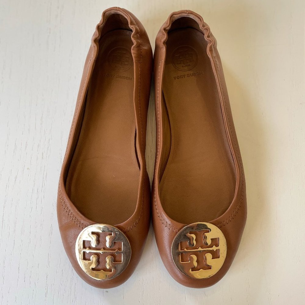 GUC | Tory Burch "Minnie Travel Ballet Flats" | Royal Tan/Gold | Size 8
